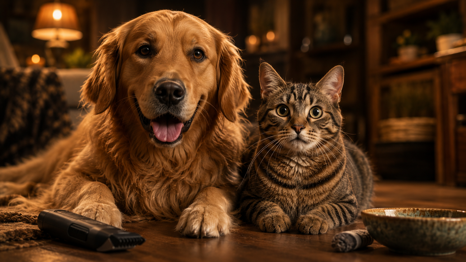 Perro golden retriever y gato atigrado juntos en un hogar cálido — colección Compañeros de Vida de Bennu Emporio